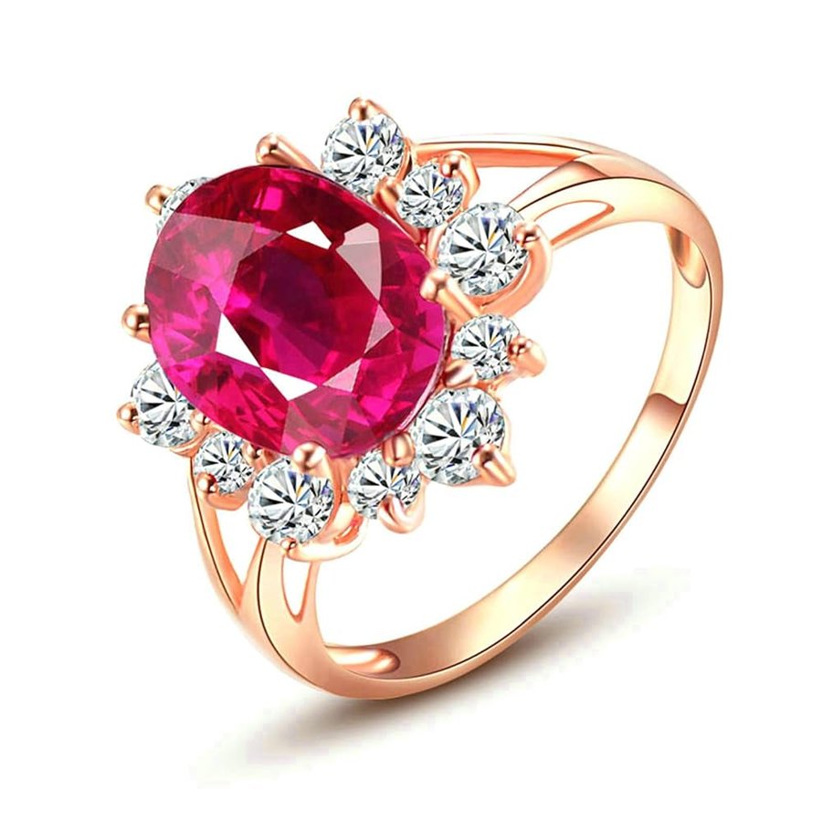 Anello Donna Matrimonio Oro Rosa 14K, Anelli Anniversario Donna Fiore Vuoto Lusso Rubino Sintetico Ovale da 3.45ct/4.13ct e Moissanite Anelli per Mamma, Fidanzata, Sposa Oro Rosa