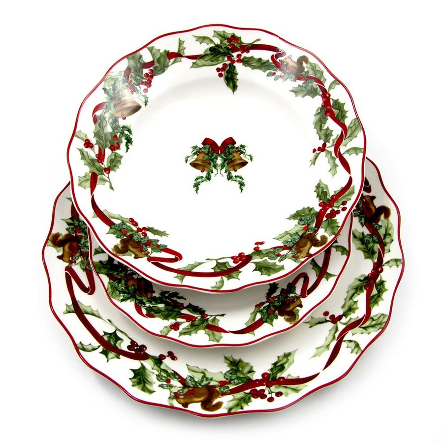The Royal Family Servizio Piatti di Natale Decoro Campanelle natalizie con Fiocco rosso, Campanelle e Scoiattoli 6 posti tavola (18 pezzi) in Porcellana Lucente e Resistente "Christmas Carol"