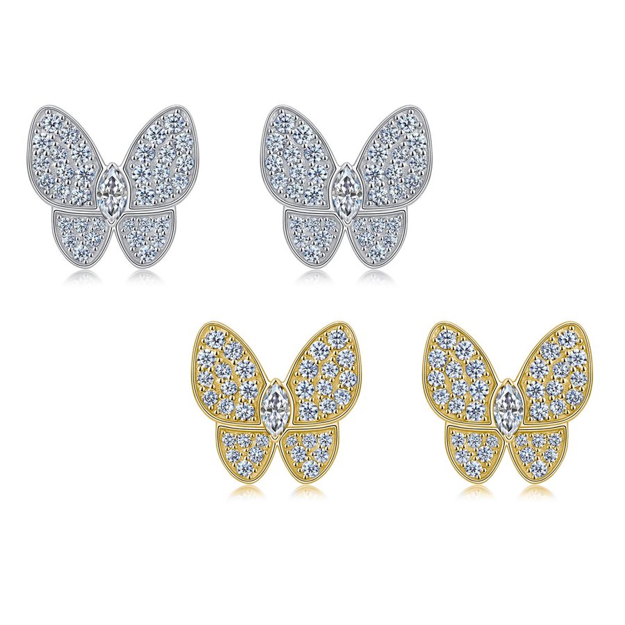 S925 Sterling Silver Butterfly Stud Earrings, D-VVS1 Marquise Moissanite Pave Wings, Platinum Plated 3.4g Women's Jewelry Gift Box