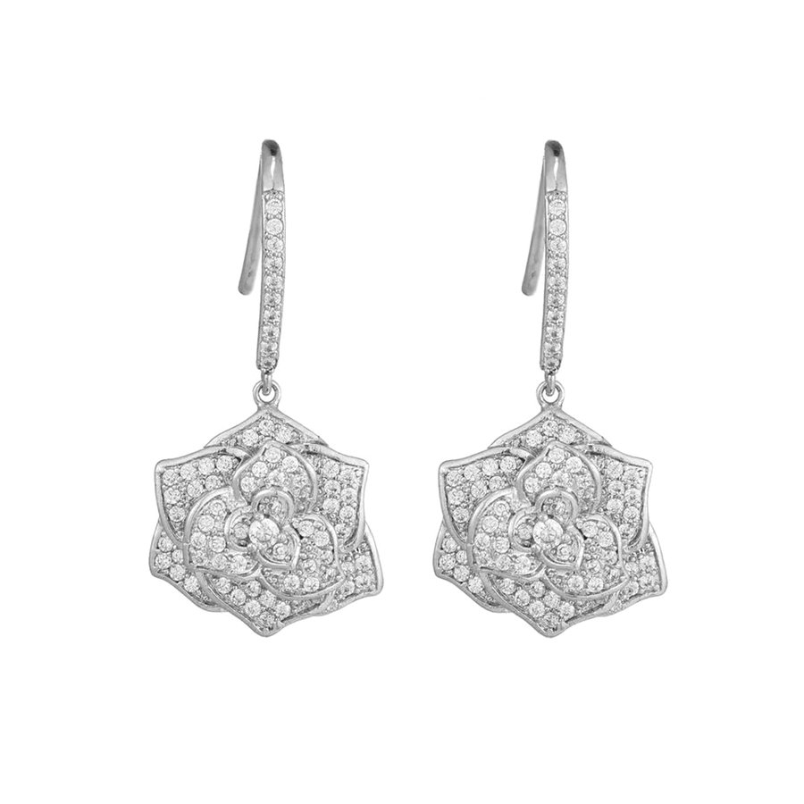 S925 Sterling Silver Rose Drop Earrings, D-VVS1 Moissanite Pave Lever-Back Dangle, Platinum Plated 10.2g Fine Jewelry Gift Box