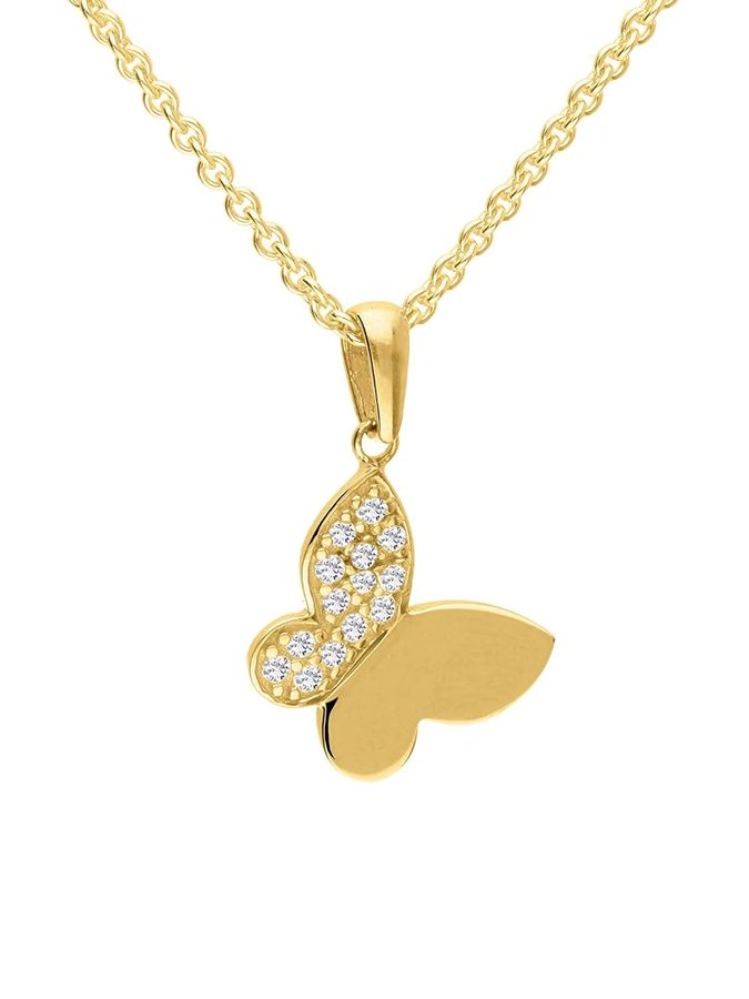 Collana da donna e ragazza, con ciondolo a forma di farfalla, in vero oro giallo 375/750 (9/18 carati), con zirconi, 45 cm