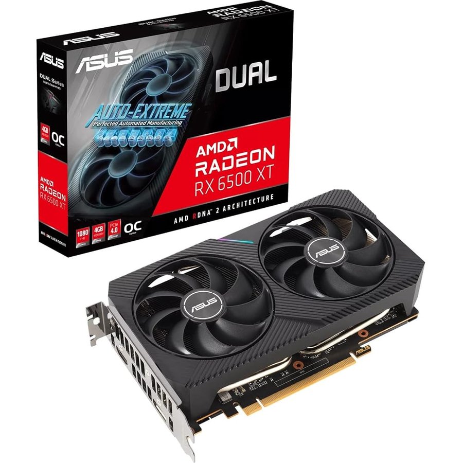 ASUS Dual AMD Radeon RX 6500 XT OC Edition 4GB GDDR6 Gaming Graphics Card (AMD RDNA 2, PCIe 4.0, 4GB GDDR6 Memory, HDMI 2.1, DisplayPort 1.4a, Axial-tech Fan Design, 0dB Technology)