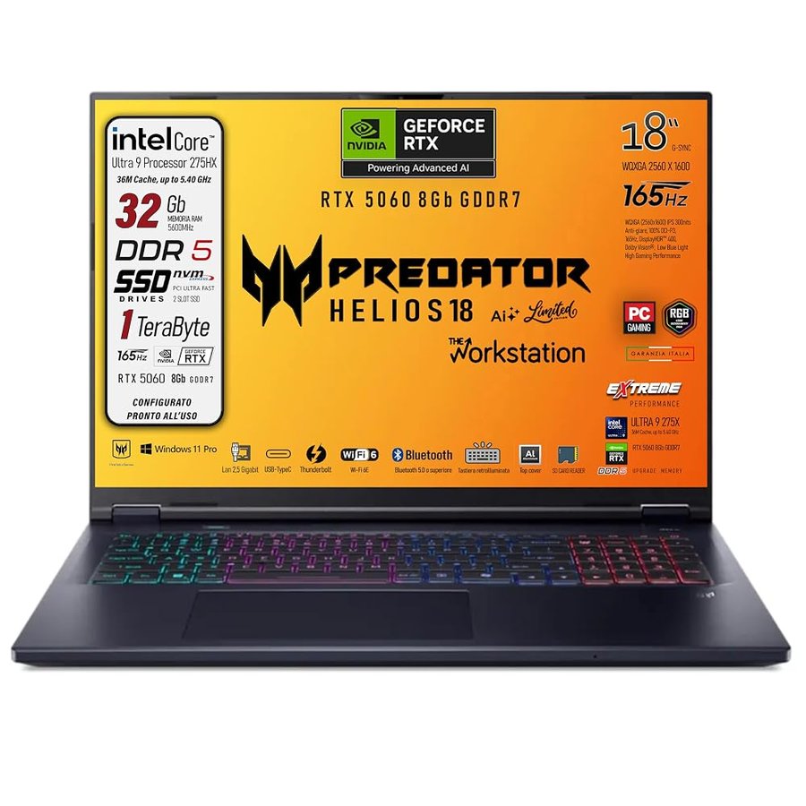 Acer Predator Helios 18Ai Notebook Gaming Intel ULTRA 9 275HX Display 18"