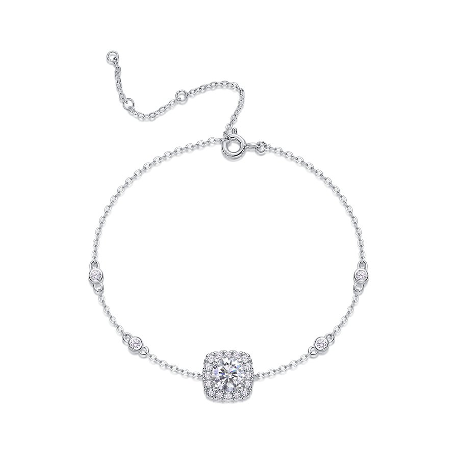 S925 Silver 2.2g 1ct Halo Moissanite Bracelet, D VVS1 Adjustable 16&5cm, GRA Certified