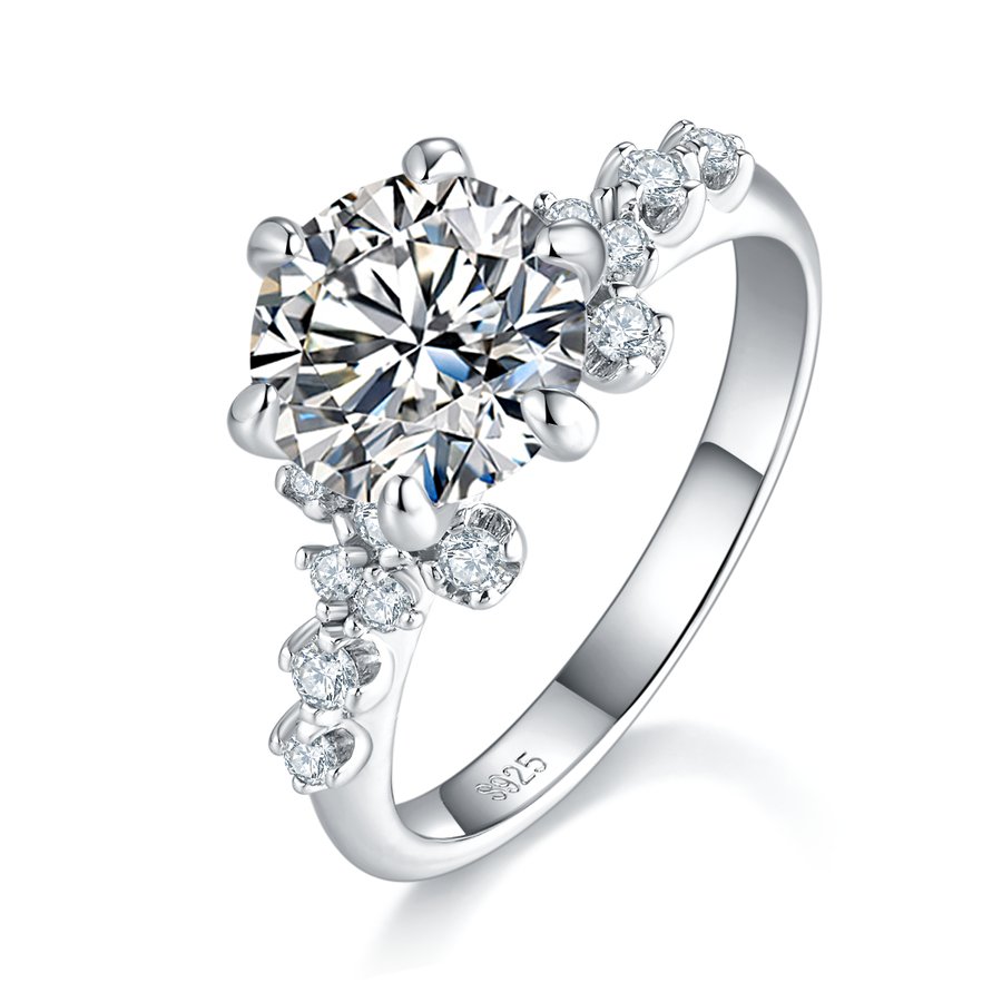 S925 Sterling Silver 2ct Moissanite Ring, 8mm D-VVS1 Round Cut With Floral Accent Band, Platinum Plated US Sizes 5-9, GRA Certified Gift Box