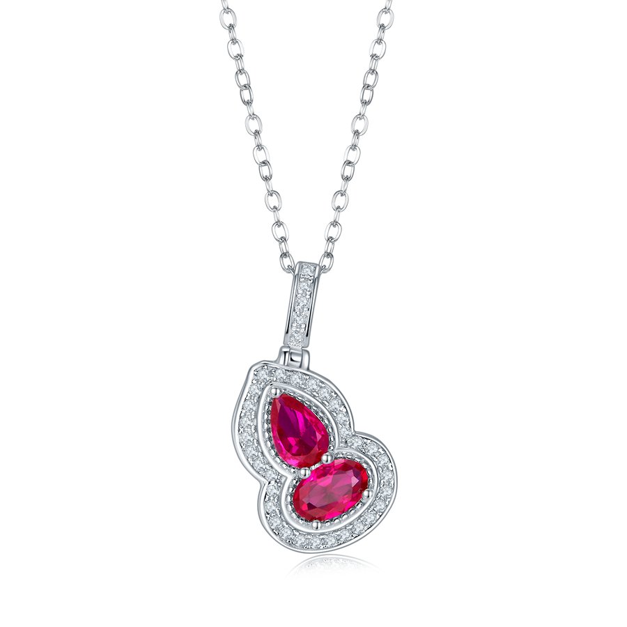 S925 Silver 2.7g Lab-Created Ruby Necklace, 6.4mm Two-Stone Halo Pendant, 40&5cm