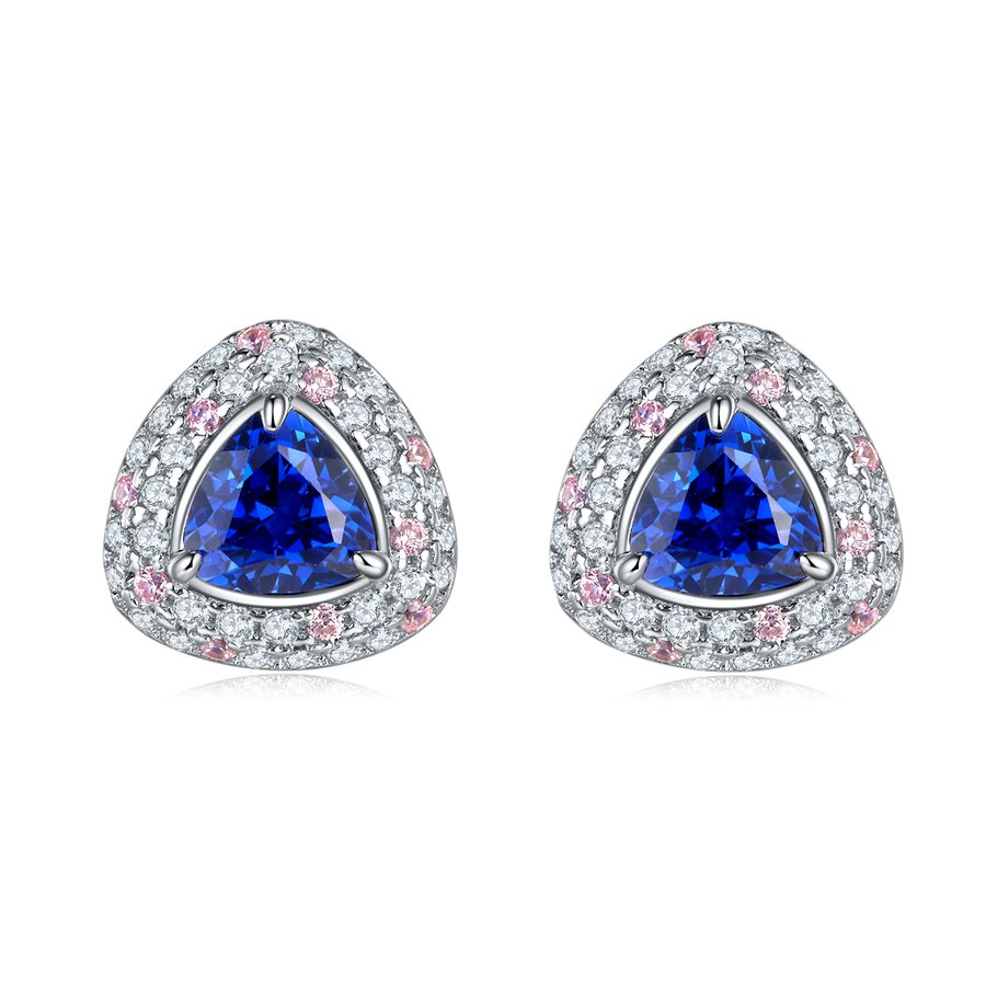 S925 Silver 3g 1.6ct Lab-Created Sapphire Earrings, 6mm Trillion Cut Halo, Pair