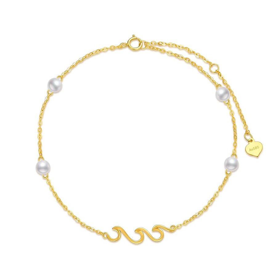 Bracciale in oro 9 carati perla da donna oro giallo reale oceano spiaggia onde di mare bracciale a maglie di perle coltivate in acqua dolce regalo per donne e ragazze 6,5 pollici + 2 pollici