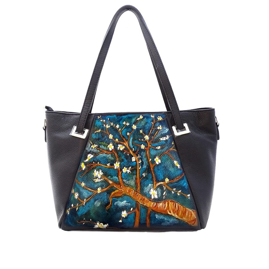 Borsa in Pelle Dipinta a Mano – IL MANDORLO QUADRO FAMOSO – a Spalla, a Tracolla, Shopper, Maxi, Con Tasca interna, Shopping Donna, Idea Regalo, Artigianato Italiano, Made In Italy