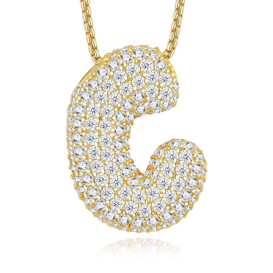 12.13g S925 Gold Plated Bubble Letter Initial Necklace For Women  D Color VVS1 Moissanite Pendant With GRA Certificate Heavy Solid Personalized Gift Box Set A-Z