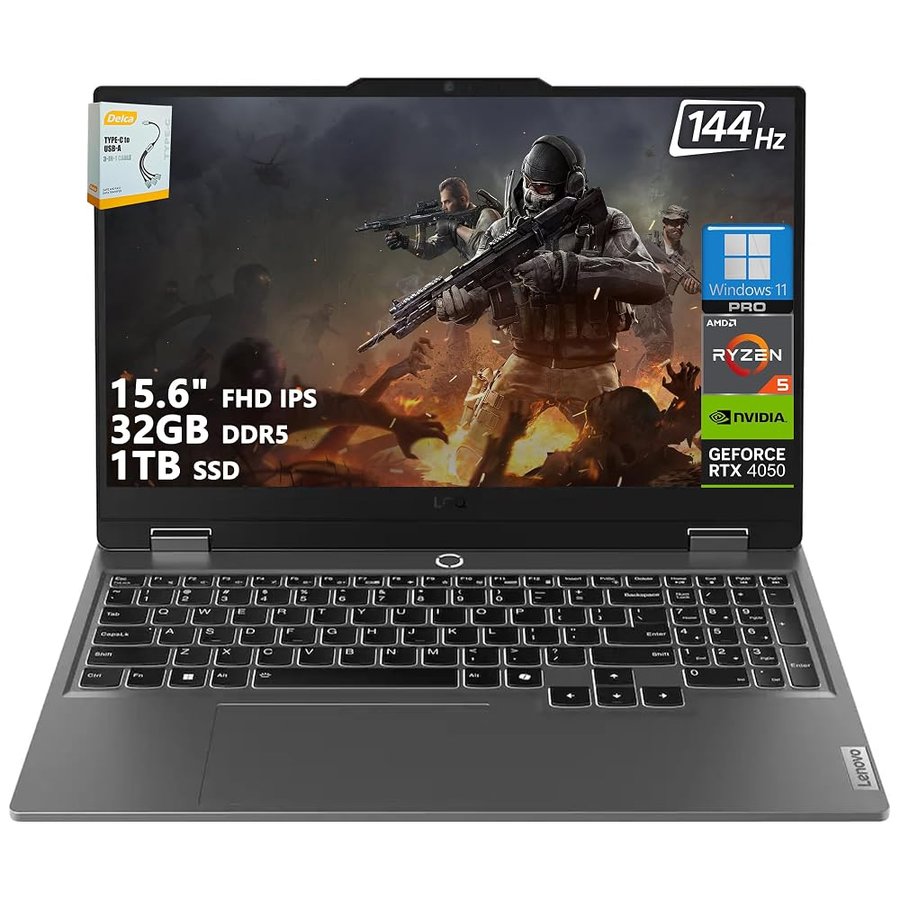 Lenovo LOQ - Computer portatile da gaming, 15,6", FHD IPS 144 Hz (100% sRGB G-SYNC), AMD Ryzen 5 7235HS, SSD da 32 GB DDR5 da 1 TB, NVIDIA GeForce RTX 4050 6 GB, videocamera per la privacy Wi-Fi 6