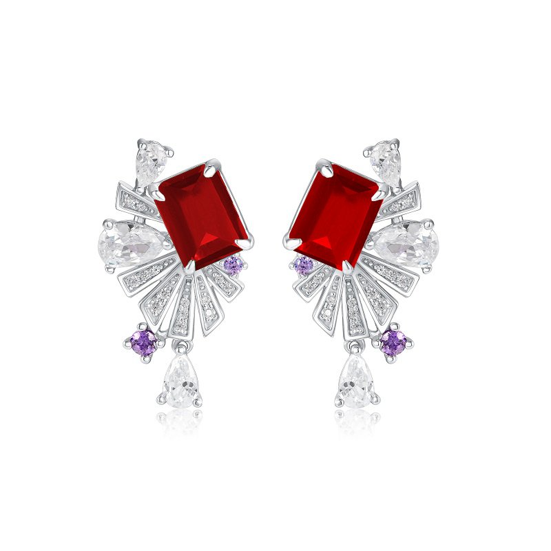 S925 Sterling Silver Art Deco Fan Drop Earrings, 8x6mm Lab-Grown Ruby Emerald Paraiba & Blue Diamond, Platinum Plated 5g Women's Fine Jewelry Gift Box