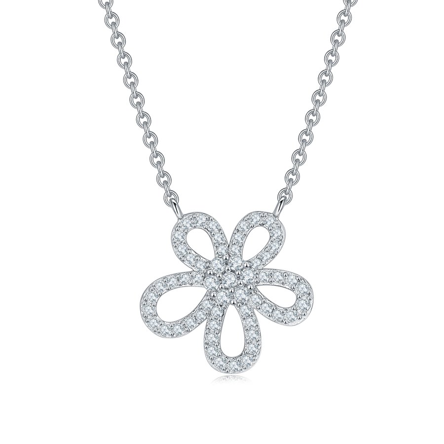 S925 Sterling Silver Dainty Flower Necklace, 49 D-VVS1 Moissanite Pave, Platinum Plated 1.1g With GRA Certificate & Gift Box