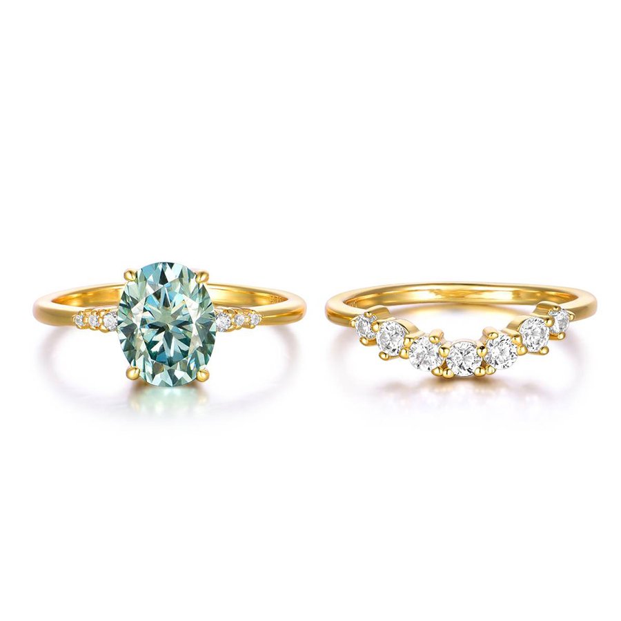 S925 Silver Gold Plated 2ct Oval Moissanite Bridal Ring Set 9x7mm D Color VVS1 Curved Pave Band US 6-9 GRA Certified Gift Box