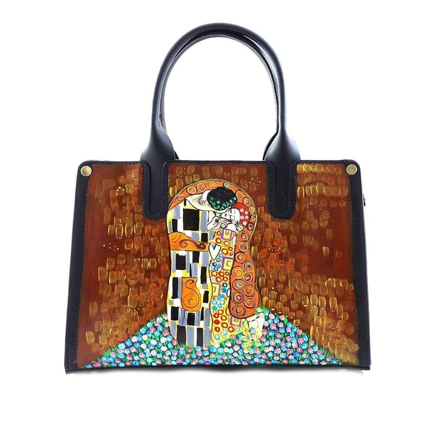 Borsa in Pelle Dipinta a Mano – IL BACIO DI GUSTAV KLIMT – a Mano, a Tracolla, Borsa Donna, Idea Regalo, Artigianato Italiano, Made In Italy, Vera Pelle, Tote Bag