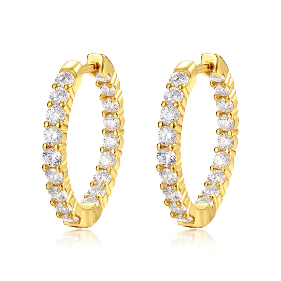 S925 Sterling Silver Gold Plated Single Row Huggie Earrings, 36 D-VVS1 Moissanite, 4.7g Women's Jewelry Gift Box