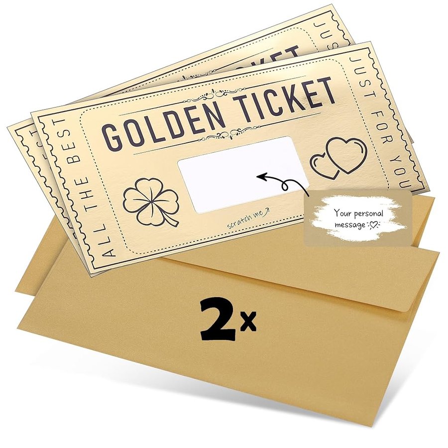 DasWas 2 Biglietti D'oro Voucher, Buoni Regalo da Riempire con Adesivi da Grattare, Biglietti da Grattare e Buono fai da te, Regalo Personalizzato in Busta Scintillante