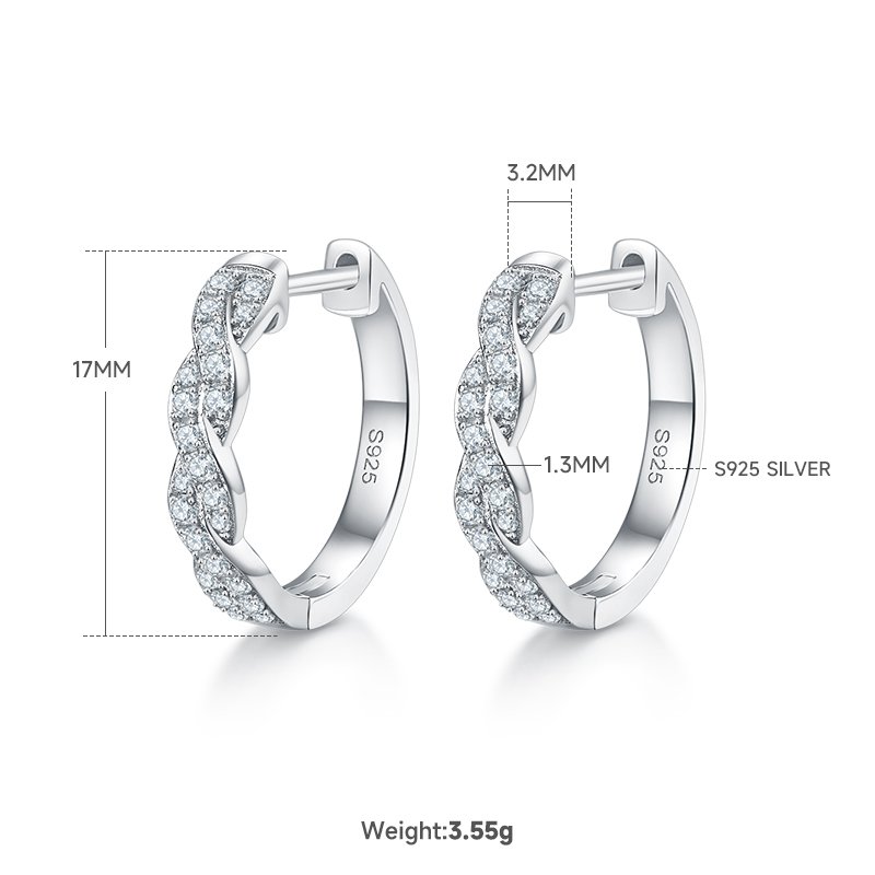 3.6g S925 Sterling Silver Moissanite Twisted Hoop Earrings  17mm Pave Huggie Hoops With GRA Certificate, Platinum Plated Jewelry Gift Box Set For Women