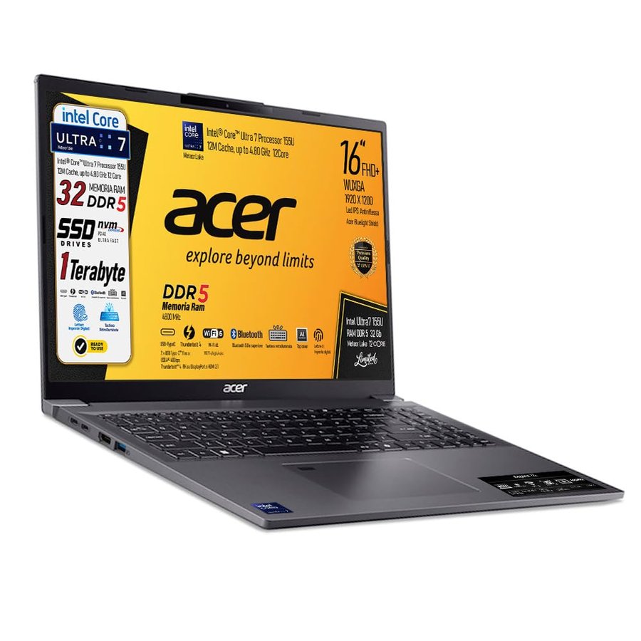 Acer PC portatile Aspire Intel Ultra7 155U 12C, Meteor Lake, Ram DDR5 32Gb