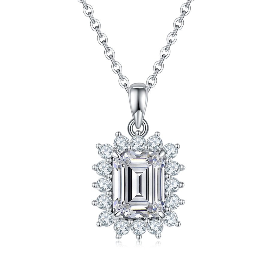S925 Sterling Silver 3ct D Color VVS1 Emerald Cut Moissanite Necklace 45cm Halo Pave GRA Certified Gift Box