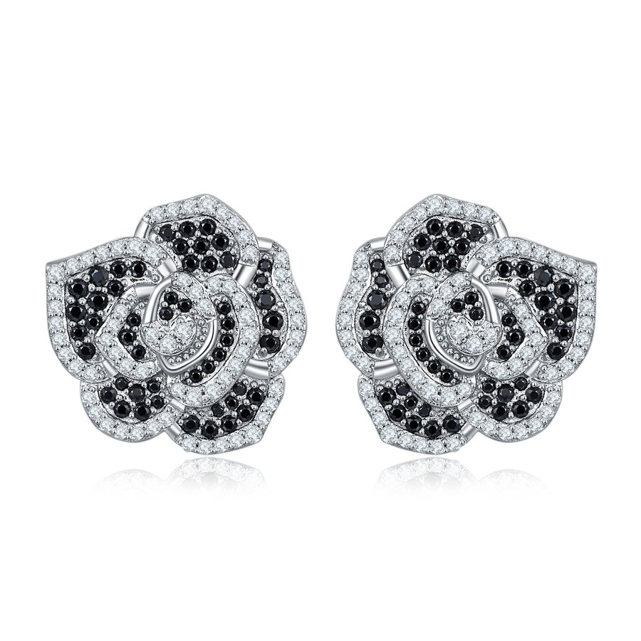 S925 Sterling Silver Black & White Rose Stud Earrings, D-VVS1 Moissanite Pave Flower, Platinum Plated 3.4g, Women's Jewelry Gift Box