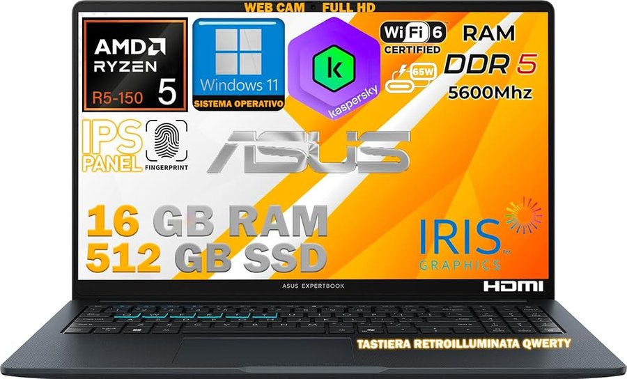 ASUS Notebook ExpertBook 15,6" AMD Ryzen 5 R-150U14ª Gen 10-Core fino a 5GHz, 16GB RAM DDR5, 512GB SSD, Win11 Pro, WiFi6E, Tastiera Retroilluminata, QWERTY, Fingerprint, Compatibile Kaspersky