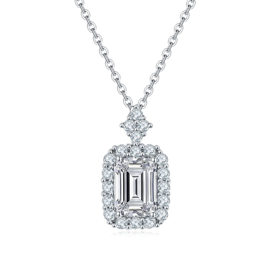 S925 Sterling Silver 1.0ct Emerald Cut Moissanite Necklace Halo Pave D Color VVS1 GRA Certified 45cm Gift Box