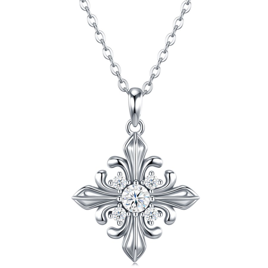 S925 Sterling Silver 0.3ct D Color VVS1 Moissanite Cross Flower Pendant Necklace 40cm Platinum Plated GRA Certified Gift Box