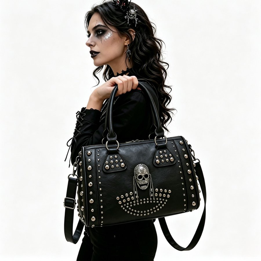 Gothic Punk Skull Rivet Handbag For Women, Halloween Studded PU Leather Large Capacity Shoulder Crossbody Bag, Halloween Party Cosplay Gift
