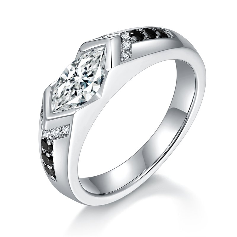 S925 Sterling Silver 1ct Marquise Moissanite Men's Ring, Geometric Silver With Black Accents, Platinum Plated, US Sizes 5-9, GRA Certificate Gift Box