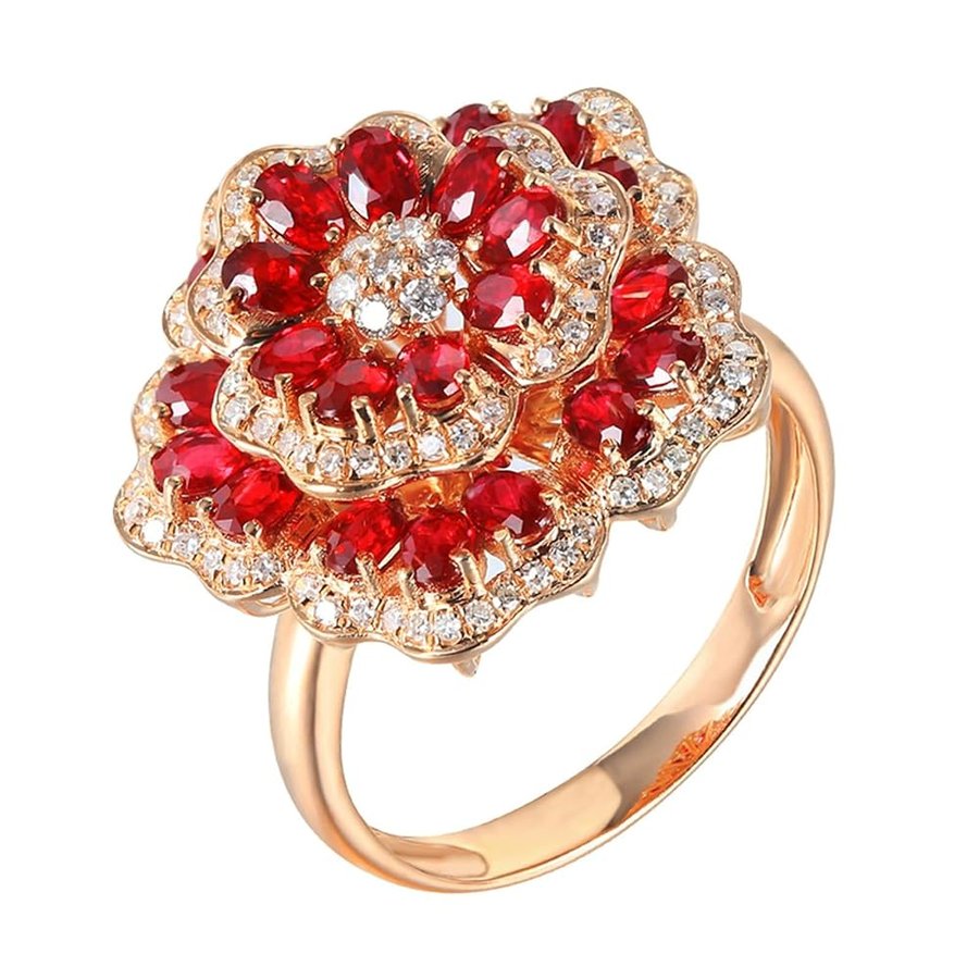 Anello di Matrimonio Donna, Anelli Oro Rosa Donna 18K Fiore Lusso Rubino Rosso Sintetico Ovale da 2.45ct e Moissanite da 0.33ct Anelli per Mamma, Fidanzata, Sposa Oro Rosa