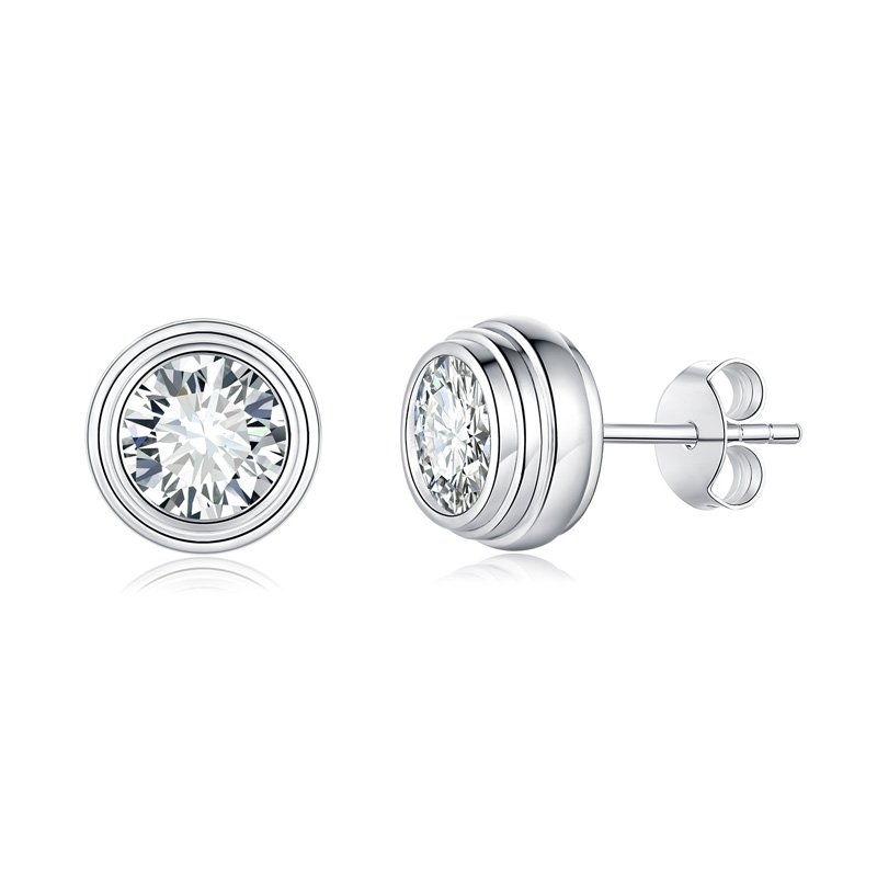 S925 Sterling Silver 0.5 Or 1CT Moissanite Stud Earrings  Round Bezel Set With GRA Certificate, Platinum Plated Jewelry Gift Box Set For Women