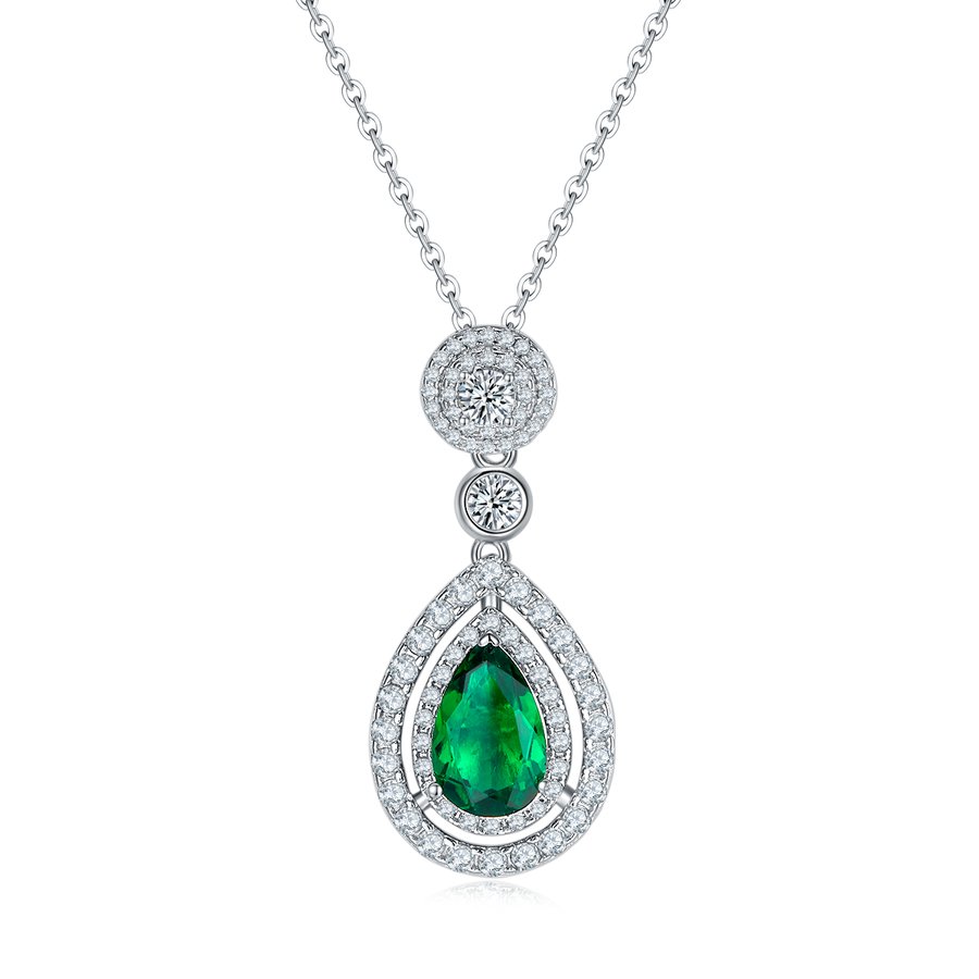 S925 Silver 4.6g Platinum Plated 3.5ct Lab-Created Emerald Necklace, 11x7mm Teardrop Halo Pendant, 40&5cm