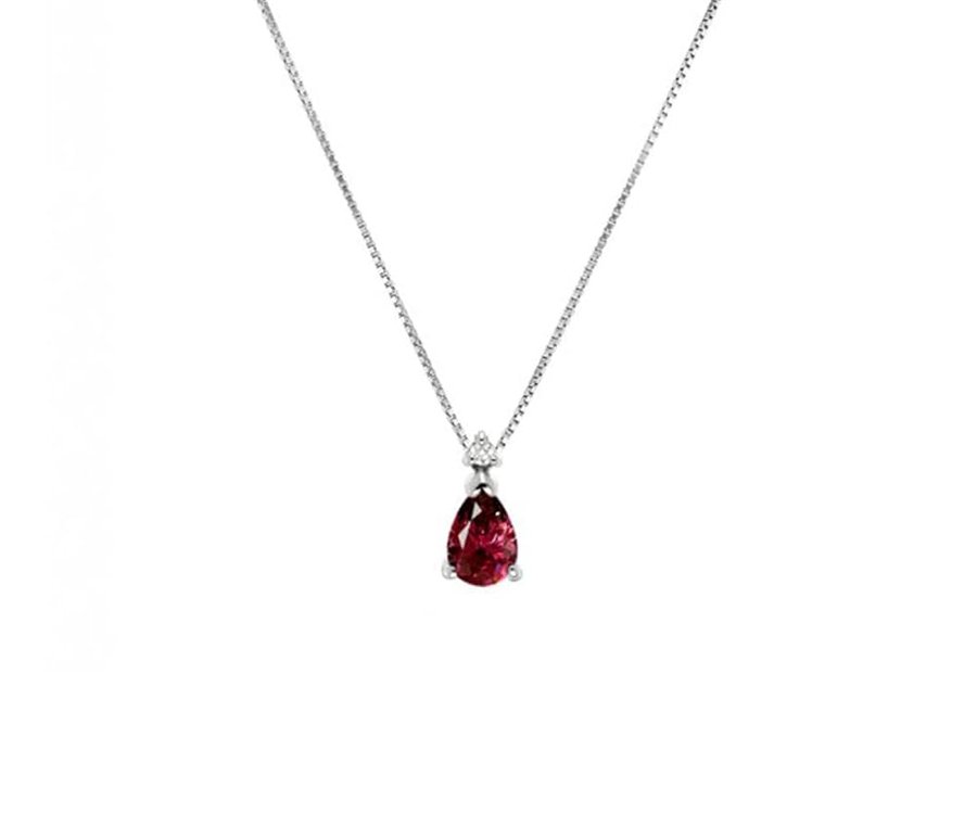 Collana oro bianco 18 KT con Rubino e diamante brillante catenina veneziana | Gioielli da donna di alta qualità | Certificato di Garanzia e Autenticità