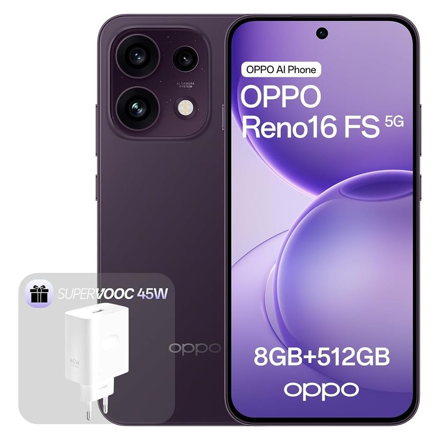 OPPO Reno16 FS 5G Smartphone Sbloccato, 8+512GB, Fotocamera Selfie Ultra Grandangolare 50MP, Video con Raddrizzamento, Display 6.57" 120Hz, IP69K, Twilight Violet (con Caricatore 45W SUPERVOOC)