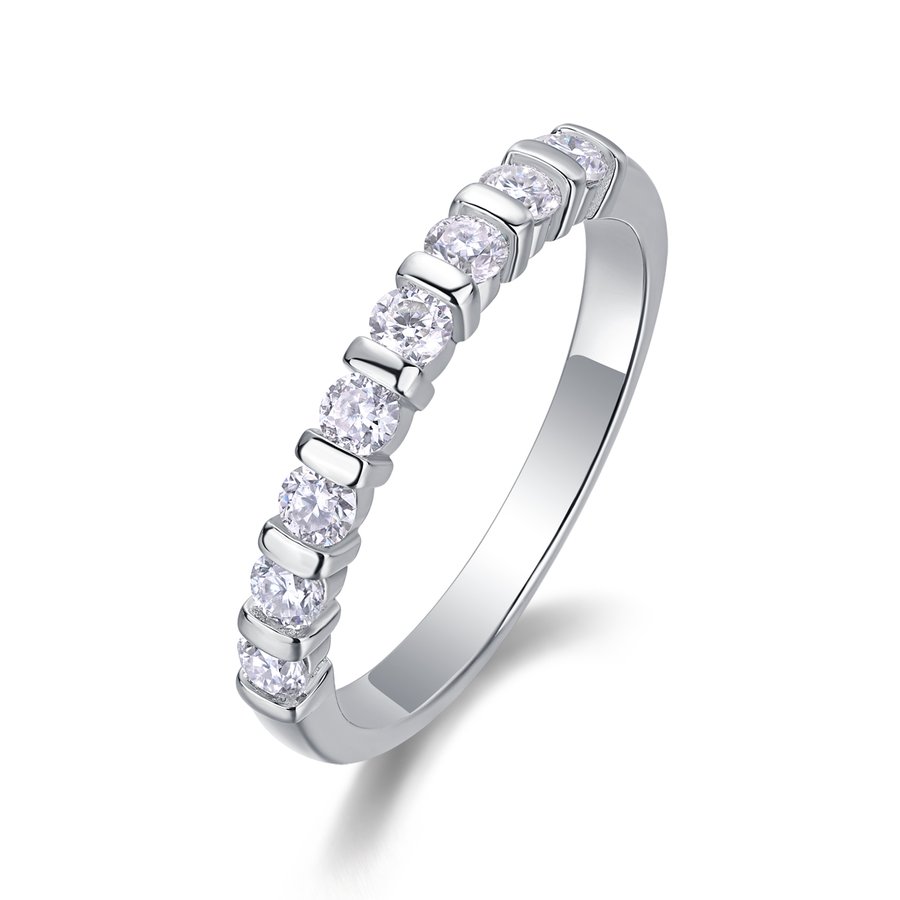 S925 Silver 2.1g Platinum Plated Moissanite Ring, 2.8mm 8pcs D VVS1 Half Eternity Band, GRA Certified US 5-9