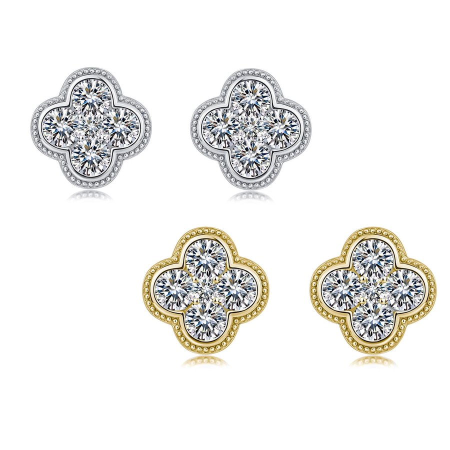S925 Sterling Silver Clover Stud Earrings, 4mm D-VVS1 Moissanite 5-Stone Cluster, Platinum Plated 3.4g Elegant Women's Gift Box