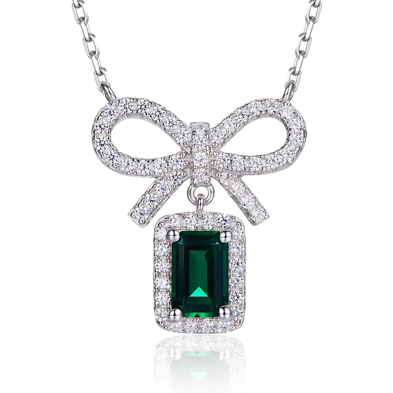S925 Silver 2.6g Lab-Created Emerald Bow Necklace, 0.5ct Gem, 40&5cm
