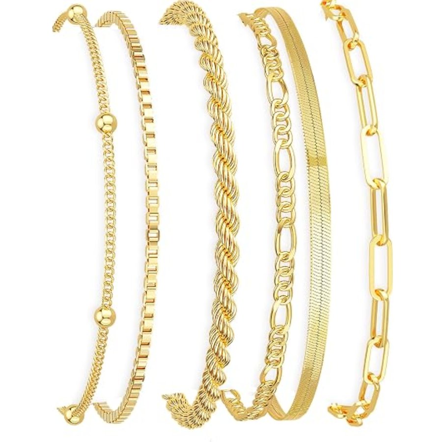 Gold Bracelets For Women, 14K Gold Plated Waterproof Stackable Bracelets, Minimalist Herringbone, Cuban, Paperclip & Rope Chain Jewelry Set