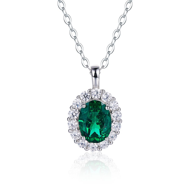 S925 Silver 2.9g 1ct Lab-Created Emerald Halo Necklace, 40&5cm Adjustable
