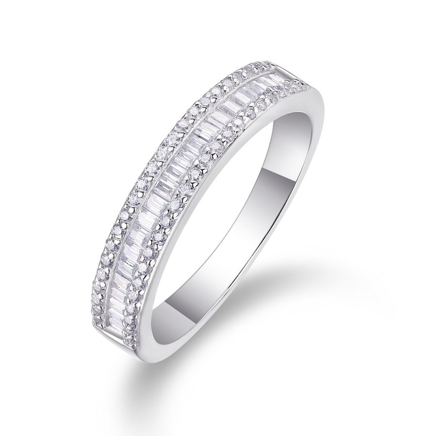 S925 Silver 2.8g Platinum Plated Moissanite Ring, 4.5mm Baguette & Round Pave Band, GRA Certified US 5-9