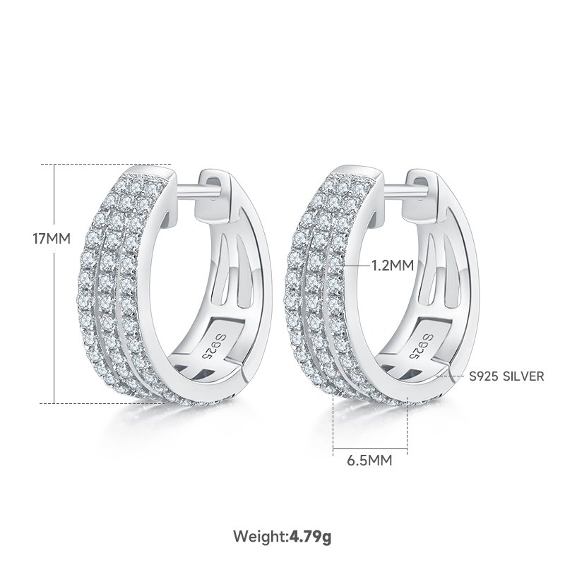 4.8g S925 Sterling Silver Moissanite Hoop Earrings 17mm  Triple Row Pave Huggie Hoops With GRA Certificate, Platinum Plated Fine Jewelry Gift Box Set For Women