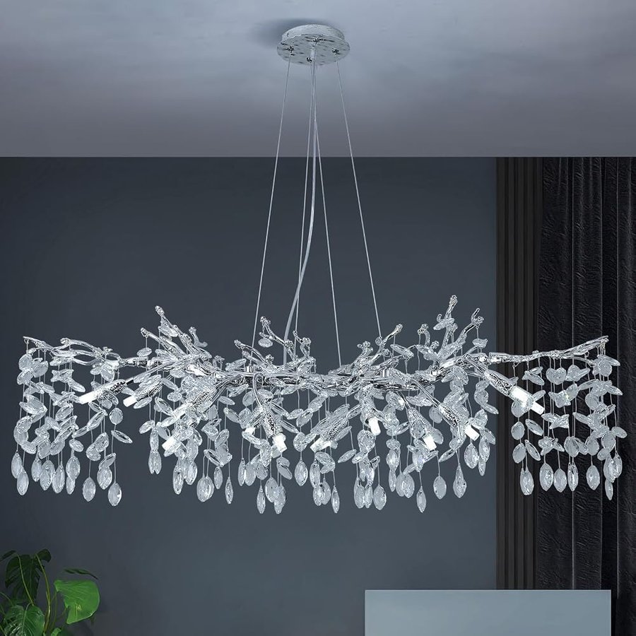 ZenithBeam Lampadario Di K9 Cristallo Argento,Grandi Lampadari Soggiorno Moderno A Forma Di Ramo,Lampadario Sospensione 10 Luci Per Sala Da Pranzo Cucina Lobby Camera Da Letto (L120 Cm)