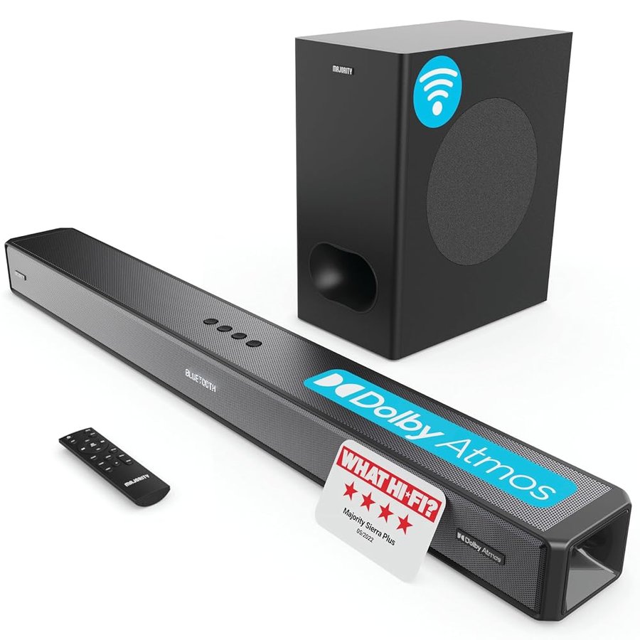 Majority Sierra Plus 2.1.2 Soundbar Dolby Atmos | 400 W con subwoofer wireless | Suono surround con altoparlanti rivolti verso l'alto | Multiconnessione incluso HDMI Arc