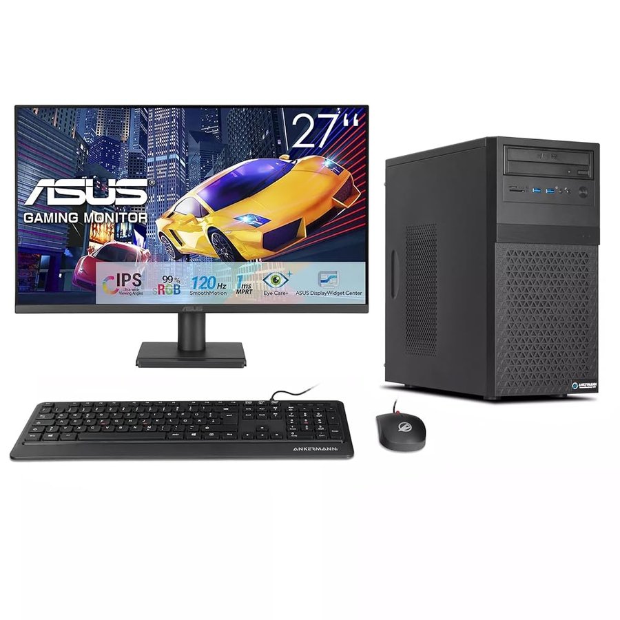 Ankermann Business Office Work Set Completo | Intel Core i5-14400F | Nvidia GeForce GT 710 4GB | 16GB DDR5 RAM | 1TB NVMe SSD | Windows 11 | WiFi & Bluetooth | 27" ASUS Monitor | Mouse & tastiera |