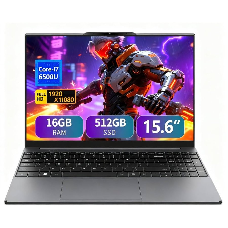DIAKUOE Portatile PC 15,6 Pollici, Core i7 6500U CPU, 16GB RAM, 512GB SSD, Notebook Win11 Display IPS 1920x1080P, Laptop Tastiera Retroilluminata, Wi-Fi 5, USB 3.0, Mini HDMI, TF, 5000 mAh