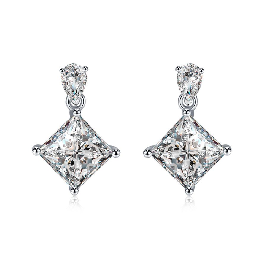 S925 Sterling Silver Princess Cut Drop Earrings, 1ct D-VVS1 Moissanite With Teardrop Top, Platinum Plated 1.7g Jewelry Gift Box