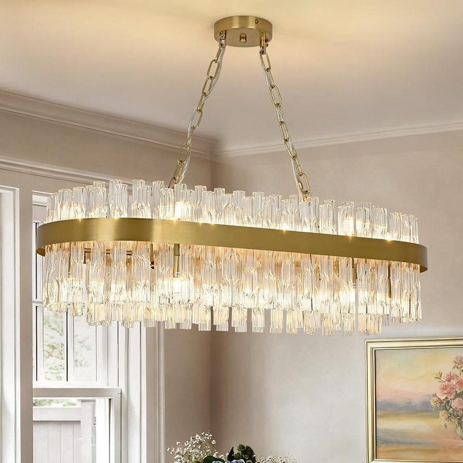 Lampadari in cristallo dorato Lampada da soffitto in cristallo Lampadari rotondi Lampada a sospensione per soggiorno Cucina Isola Tavolo da pranzo Corridoio, G9 x 16 luci 80x35 cm
