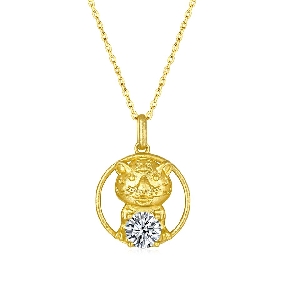 S925 Sterling Silver Gold Plated 1ct D Color VVS1 Moissanite Tiger Necklace 5g Chinese Zodiac Benmingnian Gift GRA Certified Gift Box