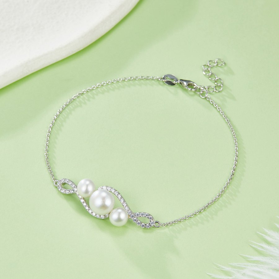 S925 Sterling Silver Natural Freshwater Pearl Bracelet For Women, Infinity Pave Design, 3g, Platinum Plated, Extender Chain, Gift Box